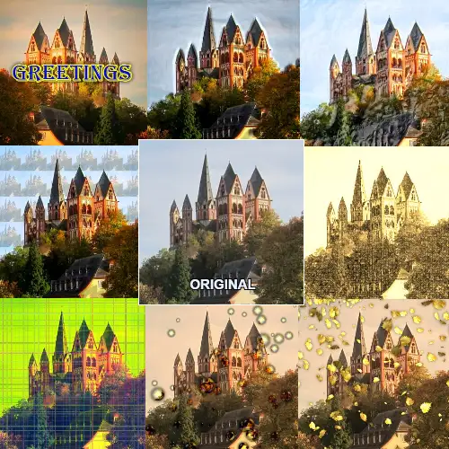 Uma foto de um castelo transformada com vários efeitos coloridos do PhotoPWA